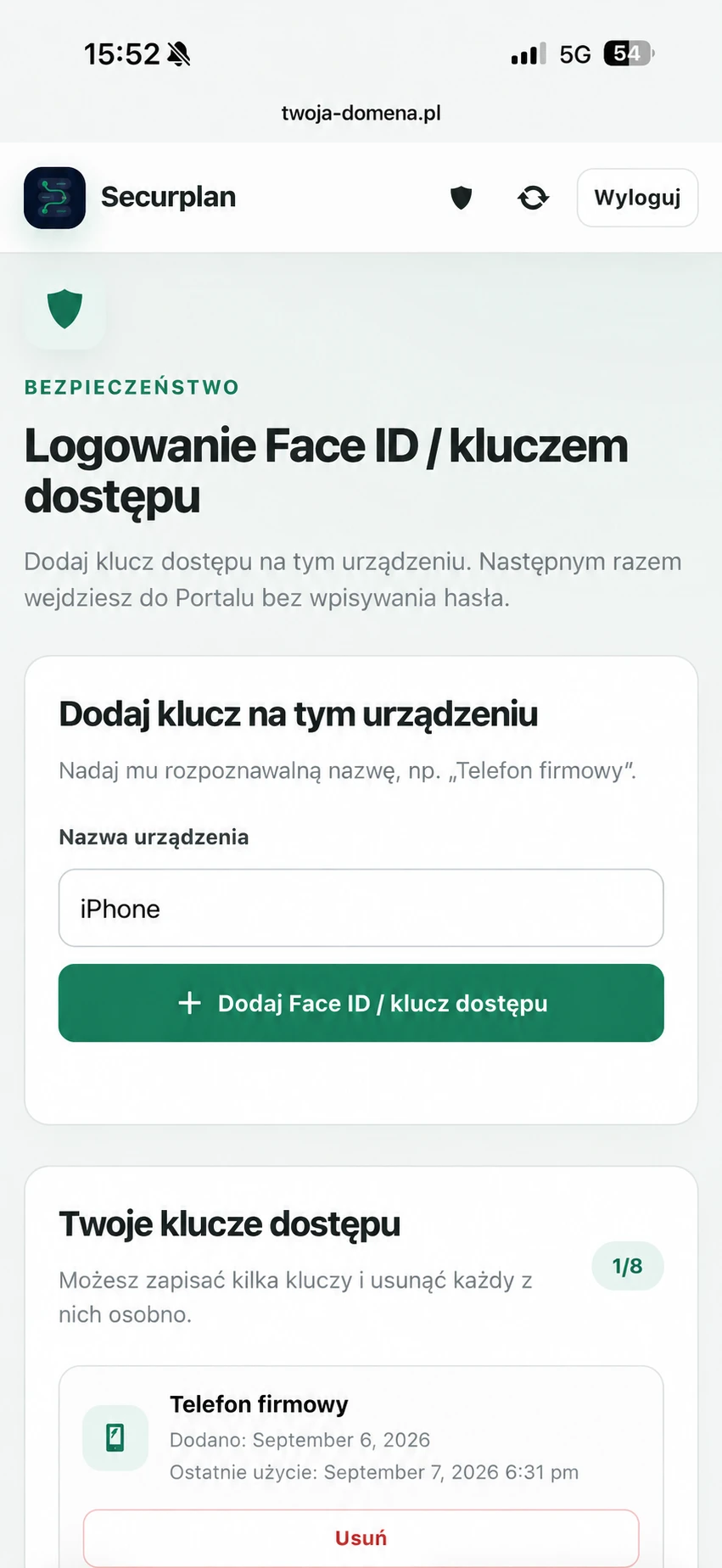 Zarządzanie passkeys w Securplan SitePanel