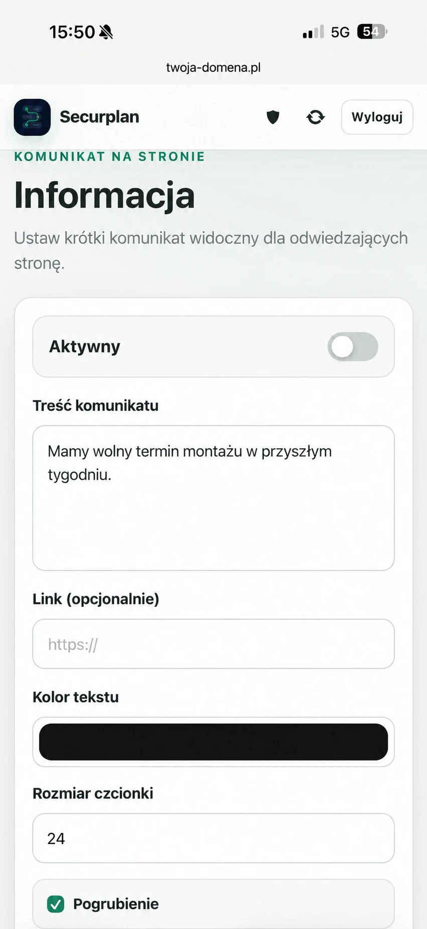 Edycja komunikatu w Securplan SitePanel