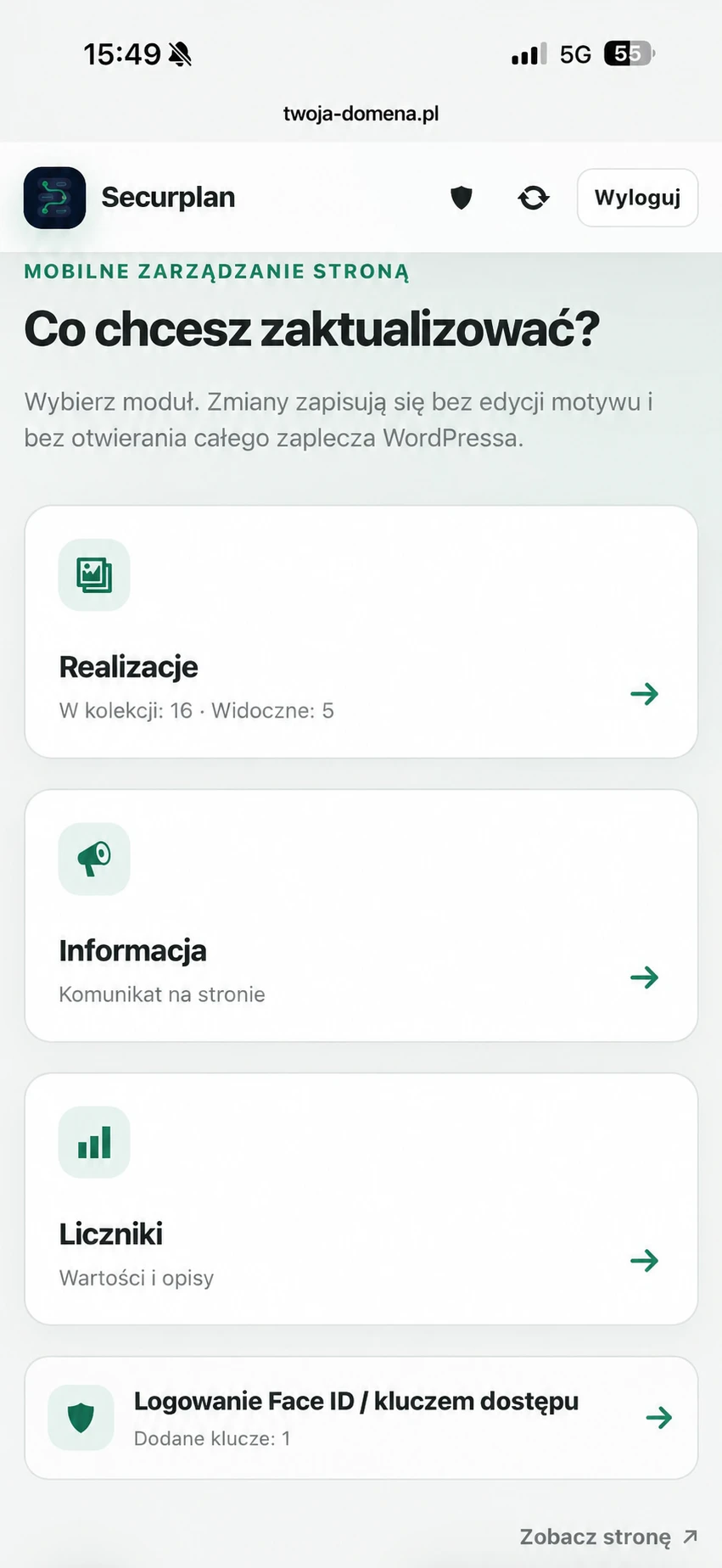 Securplan SitePanel — główny ekran panelu na telefonie